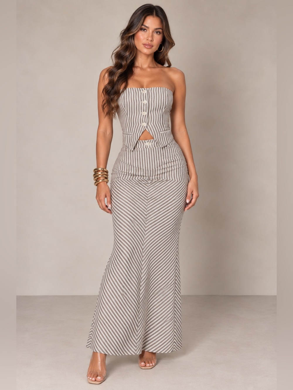 Fashion Nova Taupe & White Striped Strapless Maxi Dress